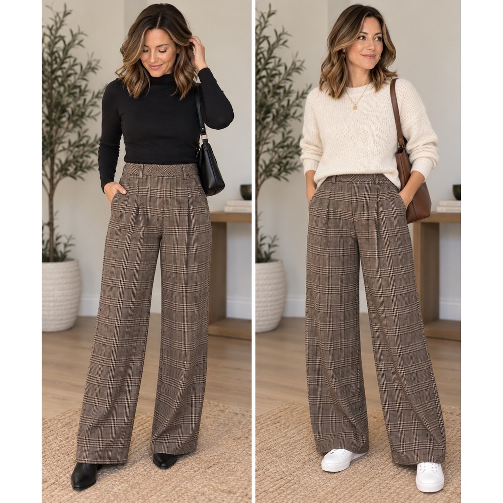 Halara Women's M Petite High Rise Wide Leg Plaid Pull On Pants Taupe Black